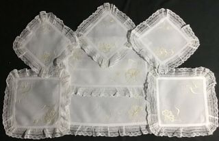 Lovely Set 7 Vintage Linen Table Mats Gold Hand Embroidery/lace Trim 4 Sizes