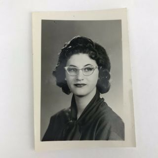 Vintage Black And White Studio Photo Young Woman Cat Eye Glasses Curly Hair