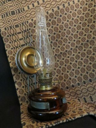 Vintage Small Kerosene Oil Lamp Amber Glass Brass Reflector Swedish Signed 9 5/8