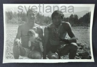 Beach Buddies Dogs Pets Couple Handsome Affectionate Men Shirtless Gay Vtg Photo