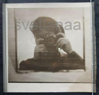 1950 Girl Photographer Selfie Self Portrait Mirror Camera Ussr Unusual Old Photo