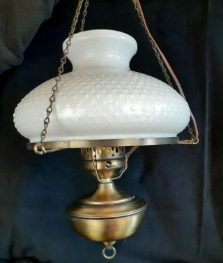 Vintage Hanging Brass Hurricane Pendant Light/lamp White Hobnail Glass Shade