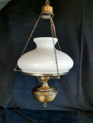 Vintage Hanging Brass Hurricane Pendant Light/Lamp White Hobnail Glass Shade 2
