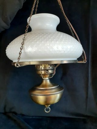 Vintage Hanging Brass Hurricane Pendant Light/Lamp White Hobnail Glass Shade 3