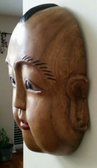 Buddha Buddhist Hand Carved Wood Face Hanging Sculpture Statues Bowl 2