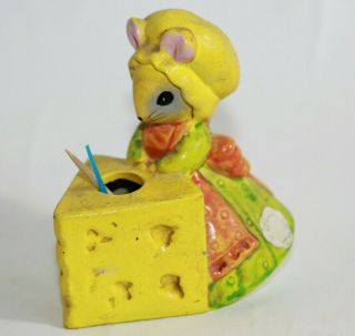 Vtg Lorrie Huff Designs Mouse In Yellow Bonnet & Cheese Toothpick Holder Japan