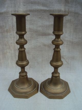 Pair Pushup Candlesticks Antique English Brass Octagonal Base 19th C 8 1/4 "