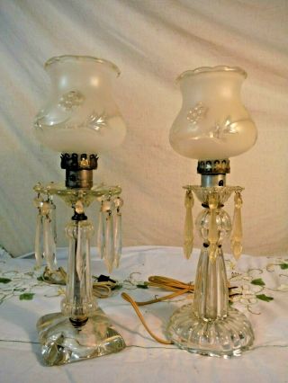 Pair Vintage Crystal Chandelier Table Boudoir Lamps Glass Plastic Crystal Prisms