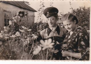 1950s Couple Handsome Young Man Pretty Woman Flowers Unusual Old Russian Photo