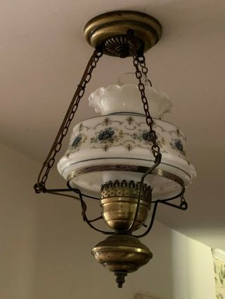 Vintage Hanging Swag Hurricane Lamp Blue & White Glass Floral Design