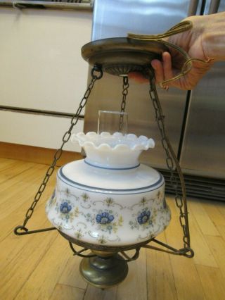 Vintage Hanging Swag Hurricane Lamp Blue & White Glass Floral Design 2