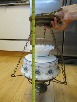 Vintage Hanging Swag Hurricane Lamp Blue & White Glass Floral Design 3
