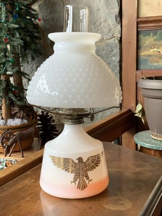 Vintage White Milk Glass Eagle Oil Lamp With Hobnail Milk Glass Shade