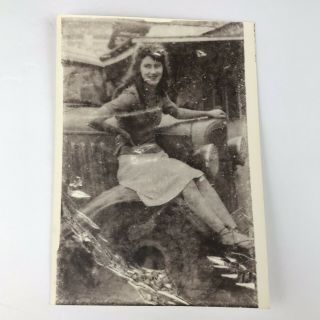 Vintage Black And White Photo Reprint Woman Sitting On Car 5 X 7