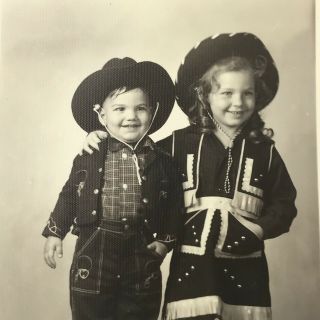 Vintage Black And White Photo Little Boy Girl Cowboy Cowgirl Costumes 3.  5 X 5