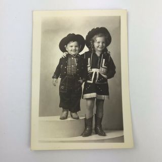 Vintage Black and White Photo Little Boy Girl Cowboy Cowgirl Costumes 3.  5 x 5 2