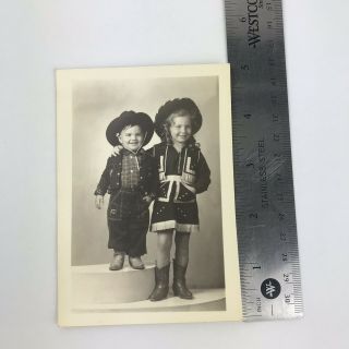 Vintage Black and White Photo Little Boy Girl Cowboy Cowgirl Costumes 3.  5 x 5 5