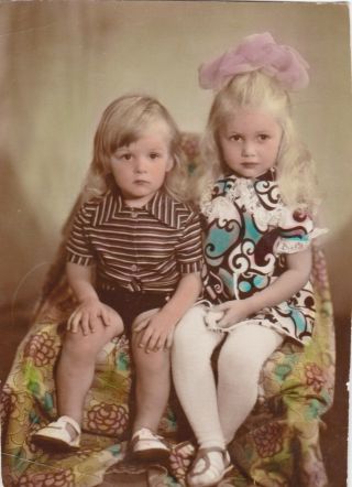 1975 Cute Little Girls Sisters Long Loose Hair Hand Tinted Soviet Russian Photo