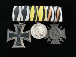 Ww1 German Medal Bar With 1914 Iron Cross Veteran Cross & Silver Bravery Medal