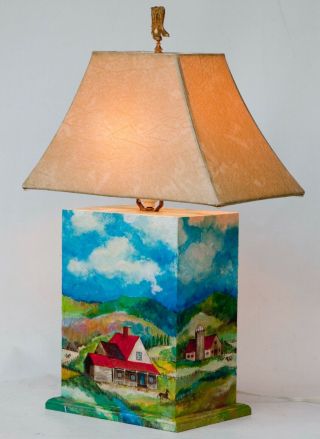 Large Hand Crafted Wood Box Hand Painted Table Lamp W/brass Cowboy Boot Finial