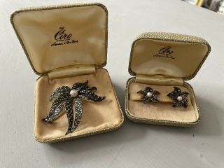 Vintage Marcasite Brooch And Clip On Earring Set With Pearls