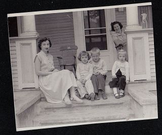 Antique Vintage Photograph Two Women Sitting W/ Three Adorable Children On Porch