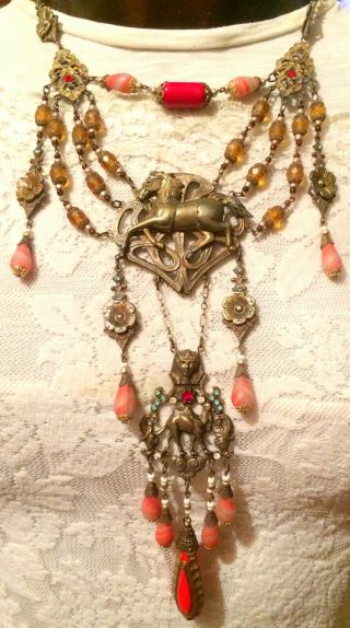 Very Old Egypt Necklace,  Red - Coral Glass Beads,  Signed - Czecho