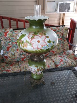 Vintage Hurricane Lamp Large Gwtw W/ 3 Way Lighting Hand Painted Floral Design