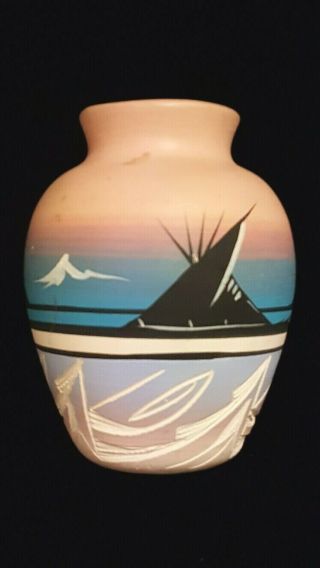 Pottery Ceramic Clay Vase Signed Shirl Southwest Hand Painted 6 " Carved Designs