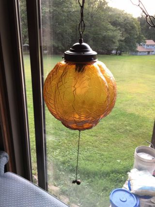 Vintage Amber Crackle Glass Hanging Swag Globe Lamp Light W/ Chain & Pull Cord