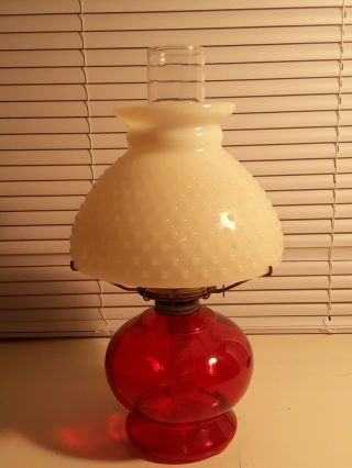 Vintage Ruby Red Base Oil Lamp W/ White Hobnail Milk Glass Shade & Eagle Burner
