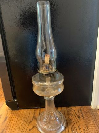 Vintage Tall Glass Flower Embossed Oil Lamp With P&a Mfg Eagle Flip Cap Burner