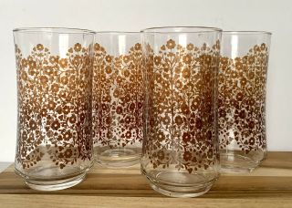 Set Of 4 Libbey Glass Brown Flower Tumblers Vintage Shabby Chic Juice Glasses