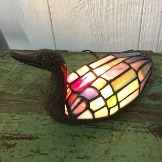 Cast Iron Tiffany Style Stained Glass Swan Lamp Night Light Table Desk Shelf