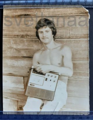 Cassette Recorder Handsome Man Shirtless Muscular Physique Ussr Vintage Photo