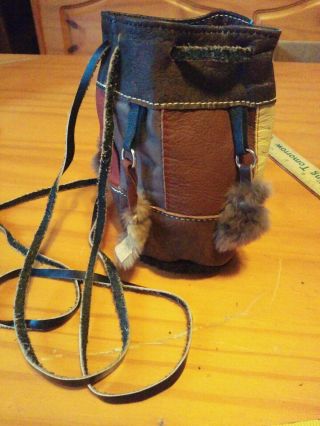 Multi - Color Leather Shaman / Medicine / Tobacco Bag / Pouch W/ Rabbit Fur Accen