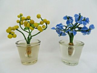 2 Vintage French Glass Wired Flowers In Clear Glass Pots 4 1/2 " Tall