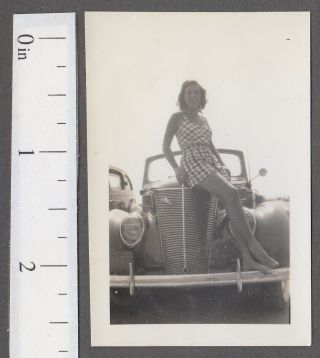 Pretty Young Woman In Swimsuit? Sitting On Car 1930s - 40s Snapshot Photo - F119