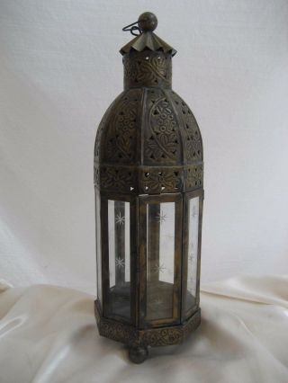 Vintage Candle Lantern Brass Tone Metal With Glass Panels Table Or Hang India
