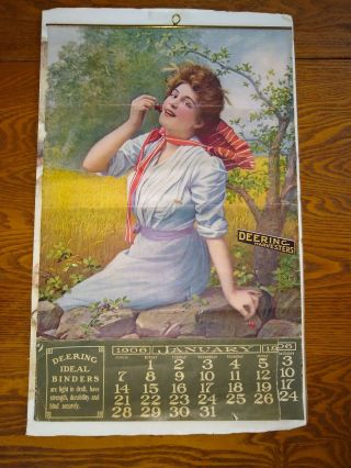1906 Deering Litho Calendar Cherry Lady Harvesters Binders Full Calendar 20 "