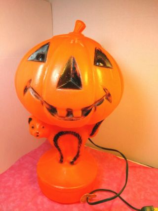 Vintage Plastic Blow Mold Halloween Pumpkin Black Cat Lighted Orig Light & Cord