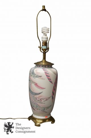 Oriental Style Ceramic Lamp With Brass Accents Pastel Pattern 31 " Table Light