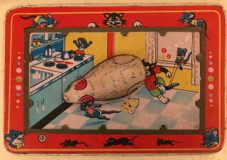 Vintage Lti Wind Up Mechanical Tin Litho Toy Mouse Cat Board Playing Game