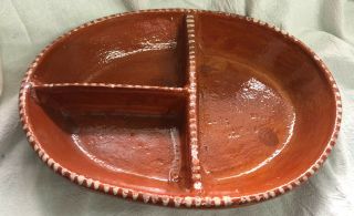 Vintage Folkart Mexican Clay Redware Pottery Divided Dish Chip And Dip Primitive