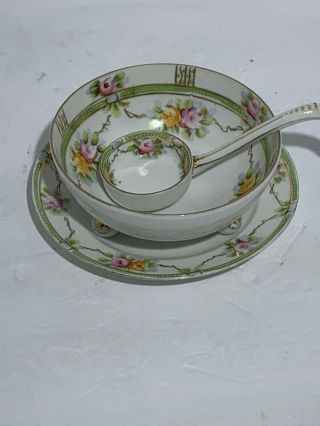 Vintage Nippon Hand Painted Porcelain Footed Bowl W Saucer Plate & Spoon Scoop