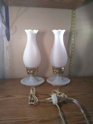 Table Desk Lamps Vintage Milk Glass Hobnail Flutes,  White Bottom 14 " Set Of 2