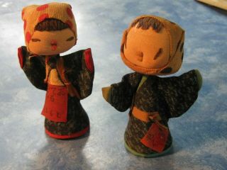 Vintage Japanese Gofun Silk Kokeshi Dolls 3 1/2 " Tall