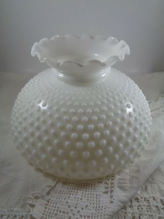 Vintage White Hobnail Milk Glass Ruffled Lamp Shade 10 " Fitter Oil Hurricane