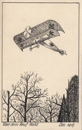 Wwi German Trench Art Drawing Biplane Fighter Warbird Over Forest 1917 Airplane