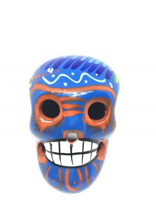 Ceramic Sugar Skull Day Of The Dead Calavera Dia De Muertos 3”x3”x2.  5” Blue